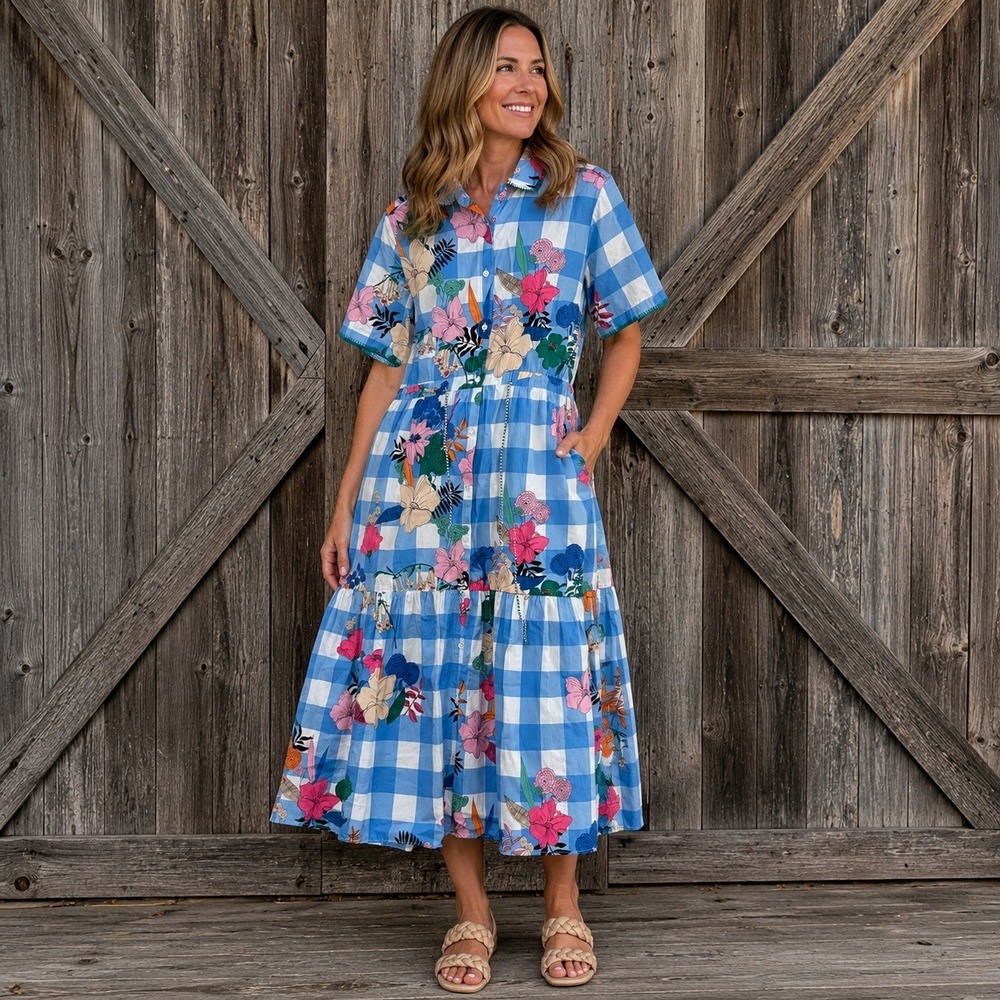 Vilagallo Blue Gingham Floral Tiered Midi Shirt Dress Size 38 Pockets Drawstring